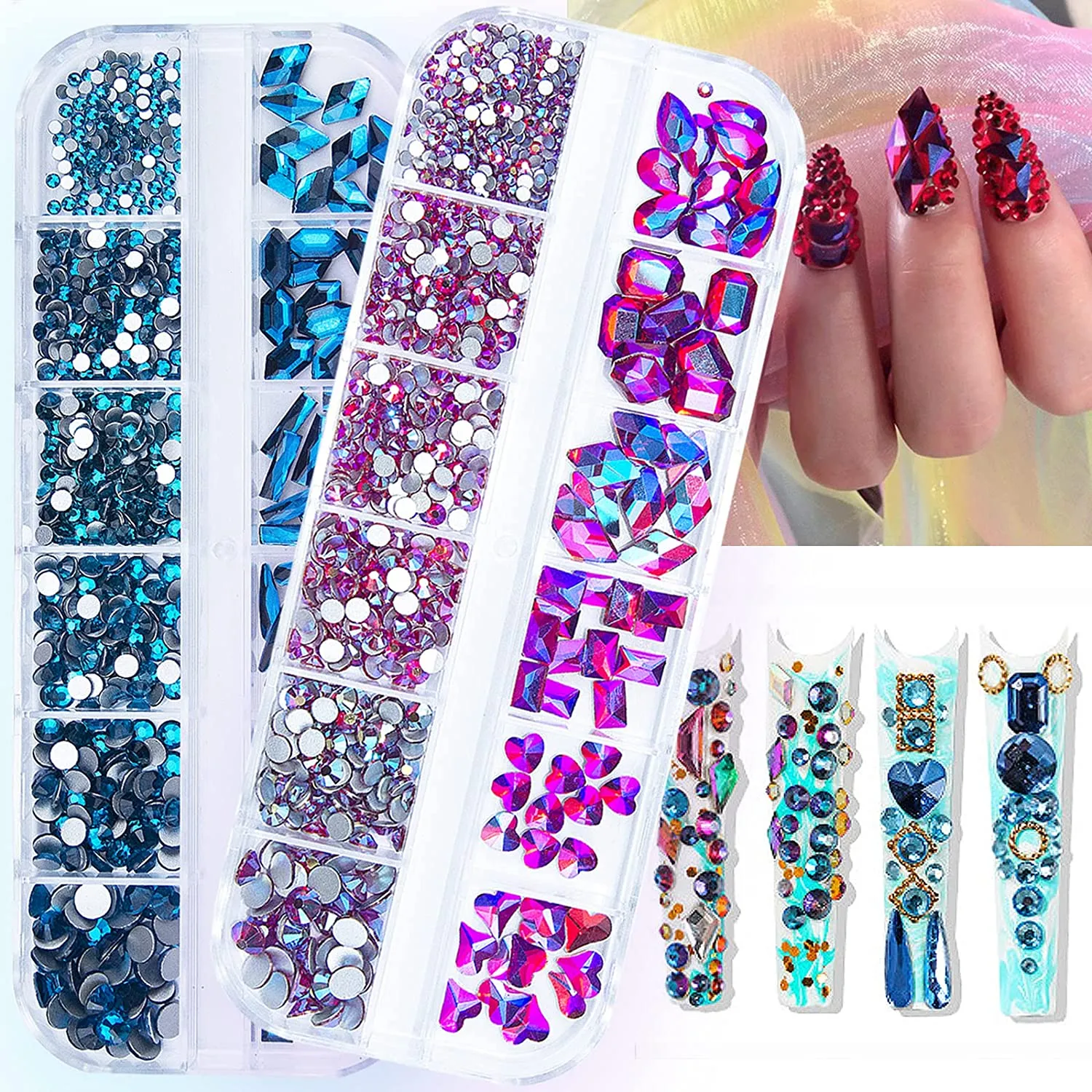 1720Pcs Royal Blue Lake Blue Nail Rhinestones Crystals Glass Gems Stones Royal Blue Multi Shapes Sizes Round Beads Flatback Gems Crystals Rhinestones for Nail DIY Crafts Clothes Shoes Jewelry