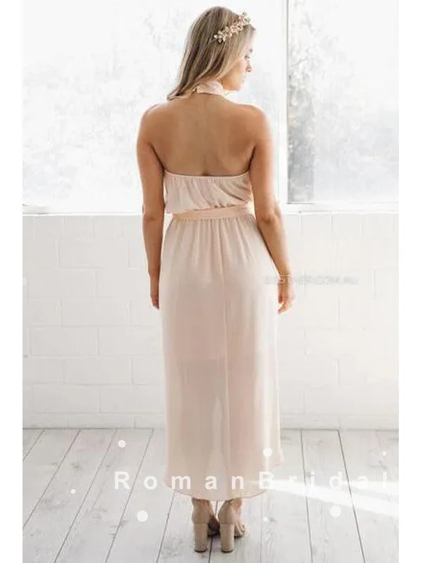 A-Line High Neck Sleeveless Side Slit Chiffon Tea Length Bridesmaid Dresses With Pleats,RBWG0002