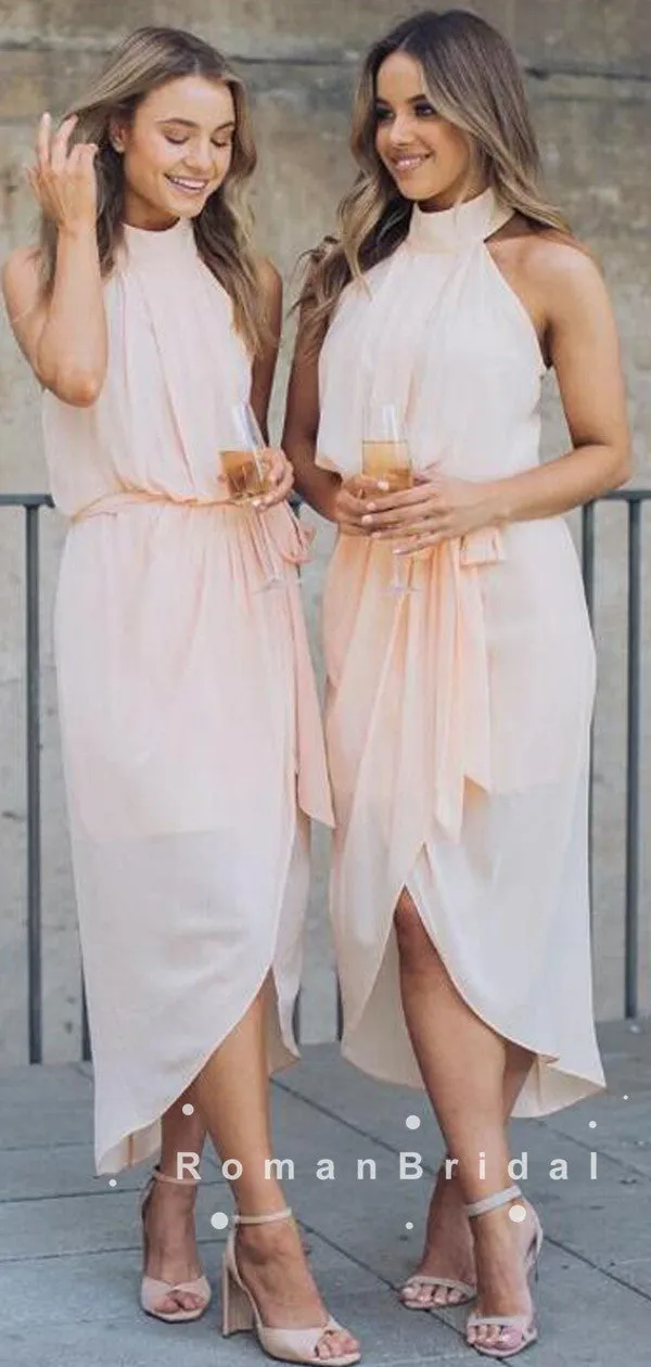 A-Line High Neck Sleeveless Side Slit Chiffon Tea Length Bridesmaid Dresses With Pleats,RBWG0002