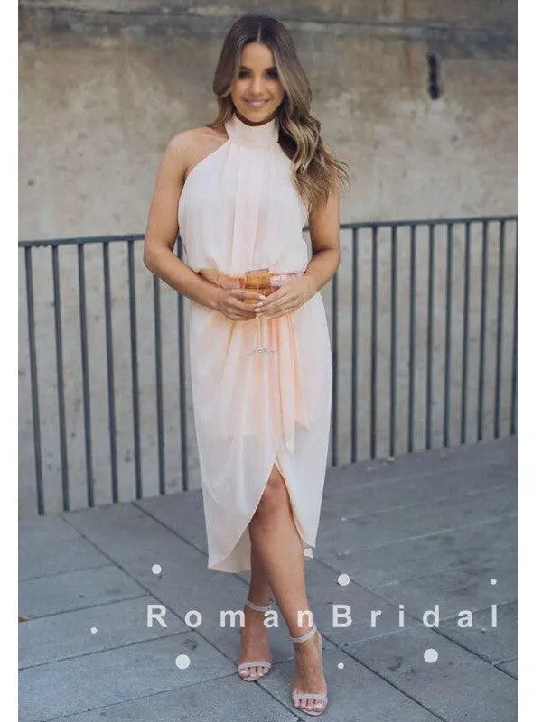A-Line High Neck Sleeveless Side Slit Chiffon Tea Length Bridesmaid Dresses With Pleats,RBWG0002