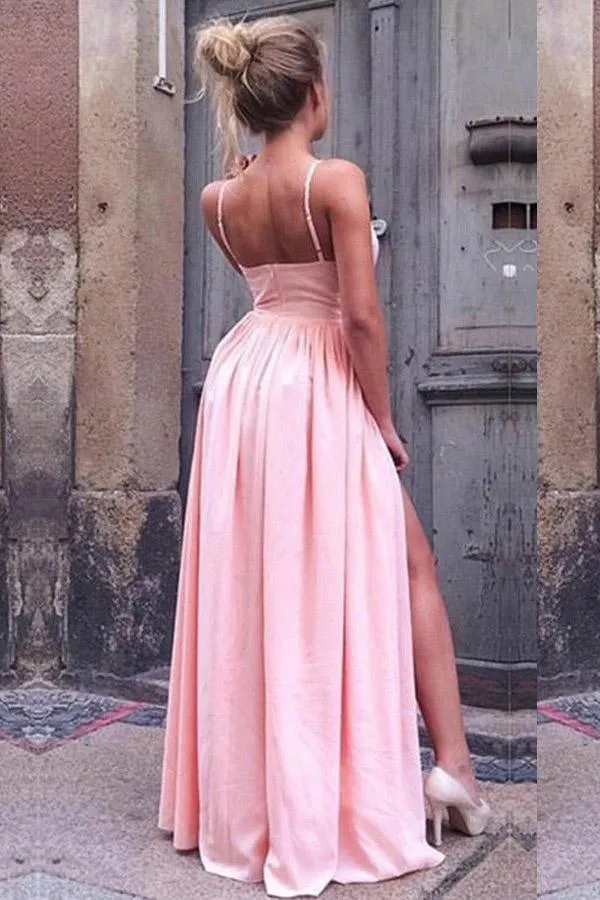A-Line Spaghetti Straps Pink Pleated Prom Dress with High Split PG461