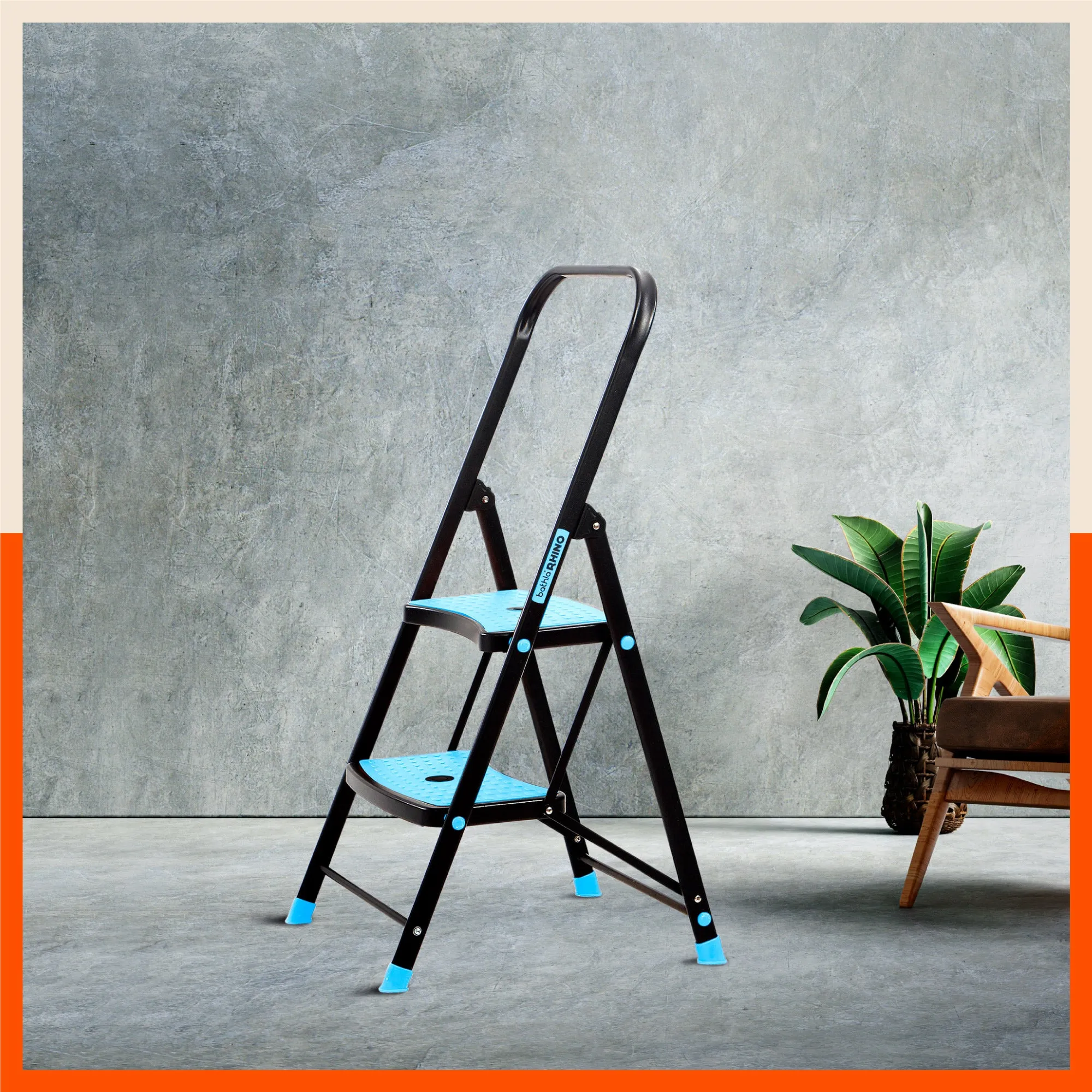 Bathla Boost Rhino 2-Step Foldable Steel Ladder for Home (Black   Blue)