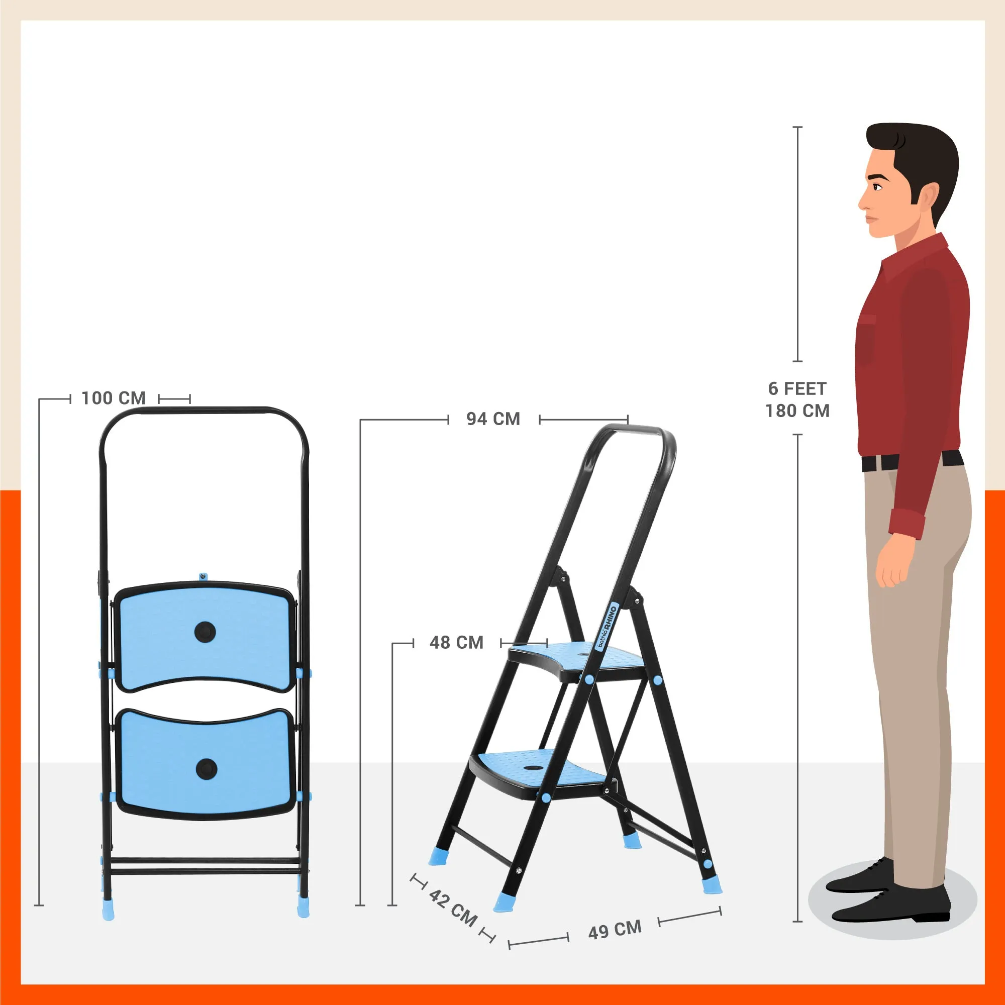 Bathla Boost Rhino 2-Step Foldable Steel Ladder for Home (Black   Blue)
