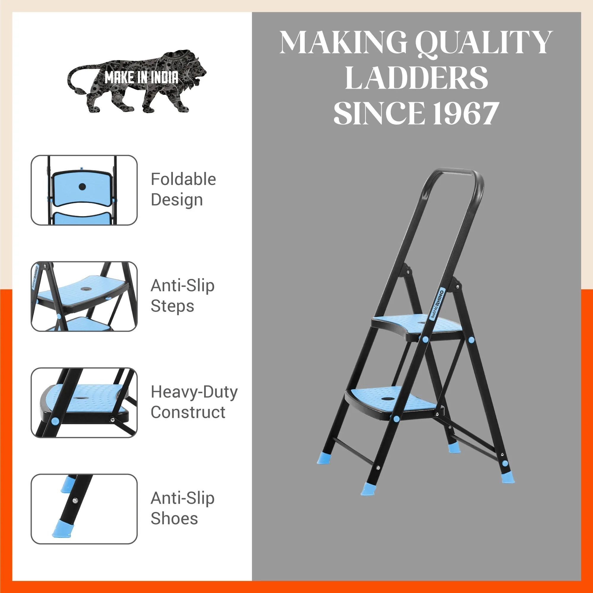 Bathla Boost Rhino 2-Step Foldable Steel Ladder for Home (Black   Blue)