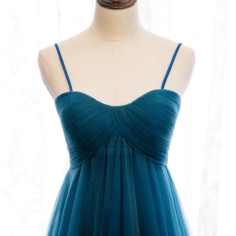 Beautiful Teal Blue Tulle Straps Long High Waist Prom Dress, Blue Evening Party Dresses