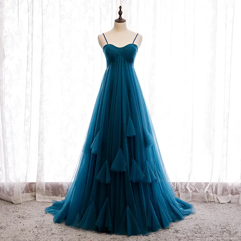 Beautiful Teal Blue Tulle Straps Long High Waist Prom Dress, Blue Evening Party Dresses