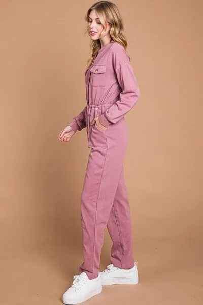 Beckham Full Size Button Up Drawstring Waist Straight Jumpsuit