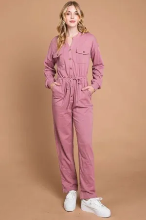 Beckham Full Size Button Up Drawstring Waist Straight Jumpsuit