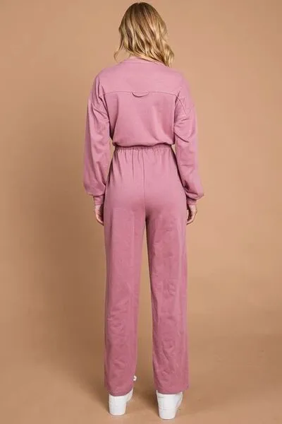 Beckham Full Size Button Up Drawstring Waist Straight Jumpsuit