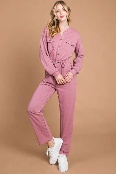 Beckham Full Size Button Up Drawstring Waist Straight Jumpsuit