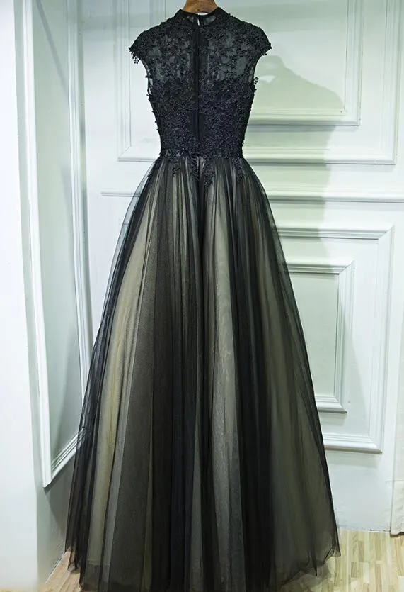 Black and Champagne High Neckline Cap Sleeves Long Formal Gowns, Black Party Dress, Long Prom Dress