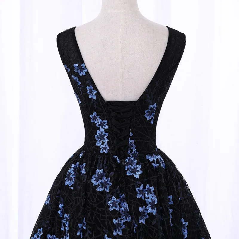 Black Elegant High Low Party Dresses, Beautiful Homecoming Dresses, Floral Formal Dress 2018