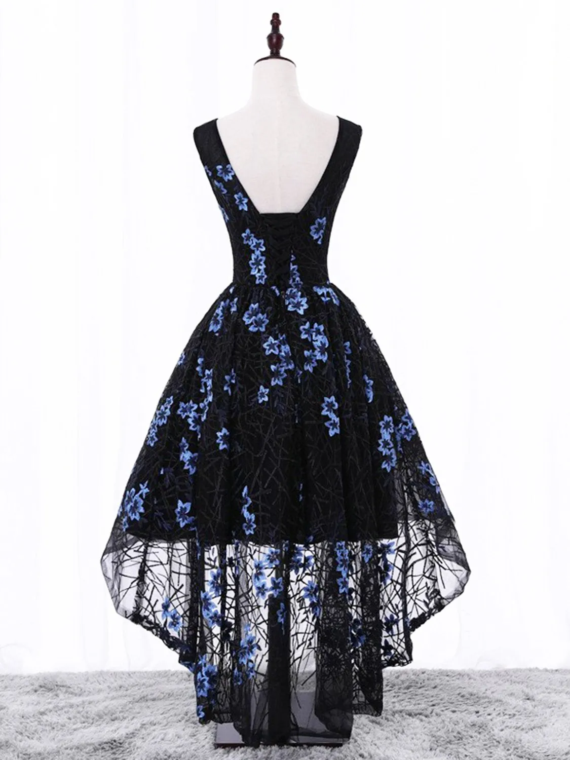 Black Elegant High Low Party Dresses, Beautiful Homecoming Dresses, Floral Formal Dress 2018