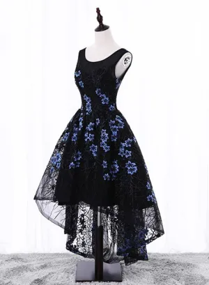 Black Elegant High Low Party Dresses, Beautiful Homecoming Dresses, Floral Formal Dress 2018