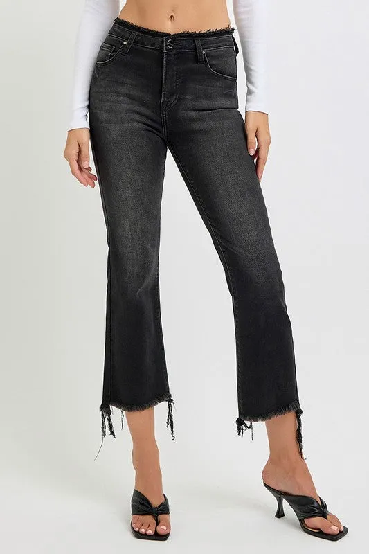 Black Raw Hem Cropped Flare Jeans