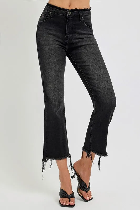 Black Raw Hem Cropped Flare Jeans