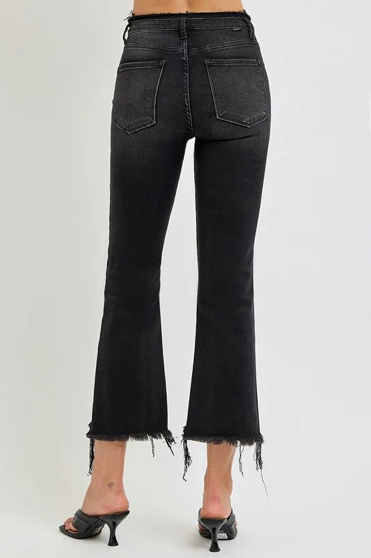 Black Raw Hem Cropped Flare Jeans