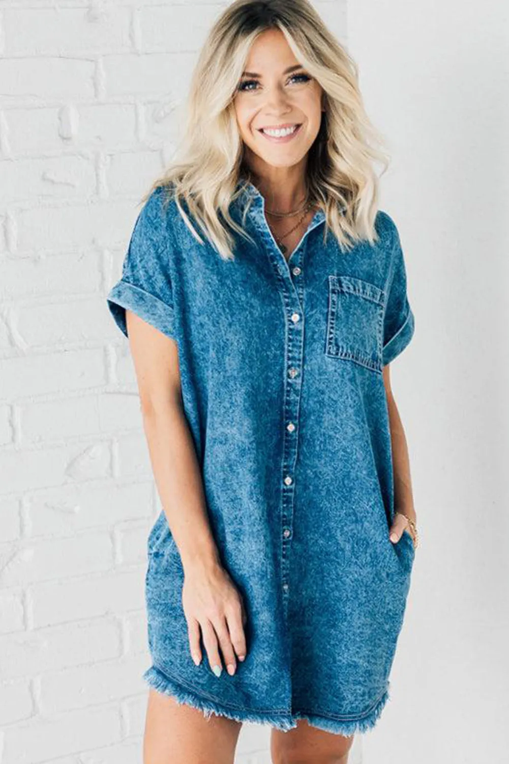 Blue Mineral Wash Cuffed Sleeve Frayed Hem Denim Dress