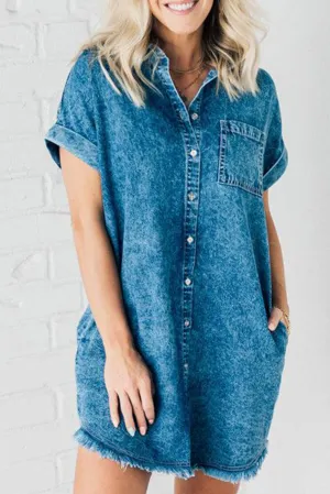 Blue Mineral Wash Cuffed Sleeve Frayed Hem Denim Dress