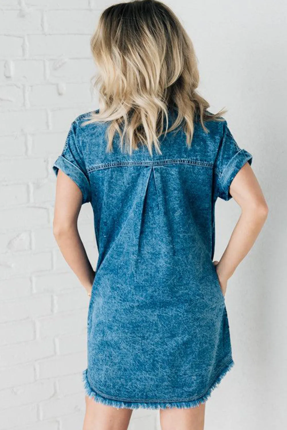 Blue Mineral Wash Cuffed Sleeve Frayed Hem Denim Dress
