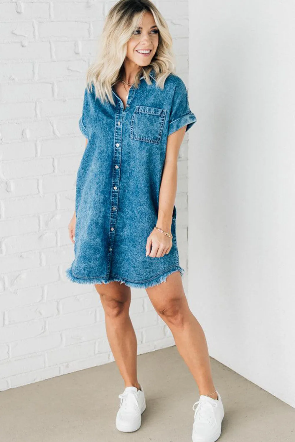 Blue Mineral Wash Cuffed Sleeve Frayed Hem Denim Dress