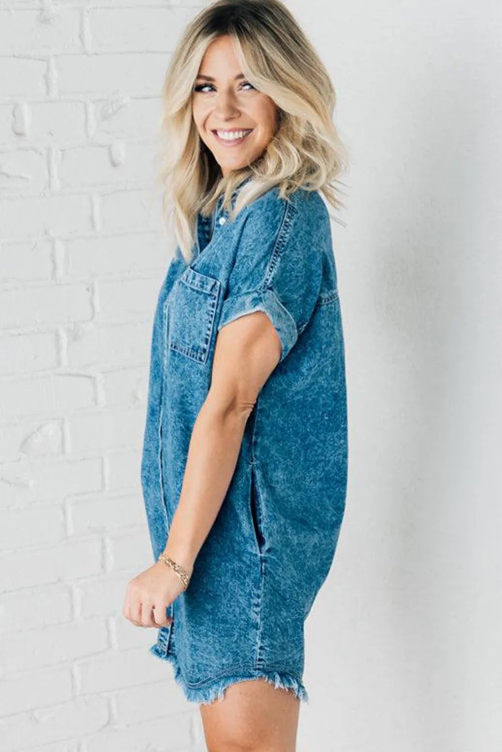 Blue Mineral Wash Cuffed Sleeve Frayed Hem Denim Dress