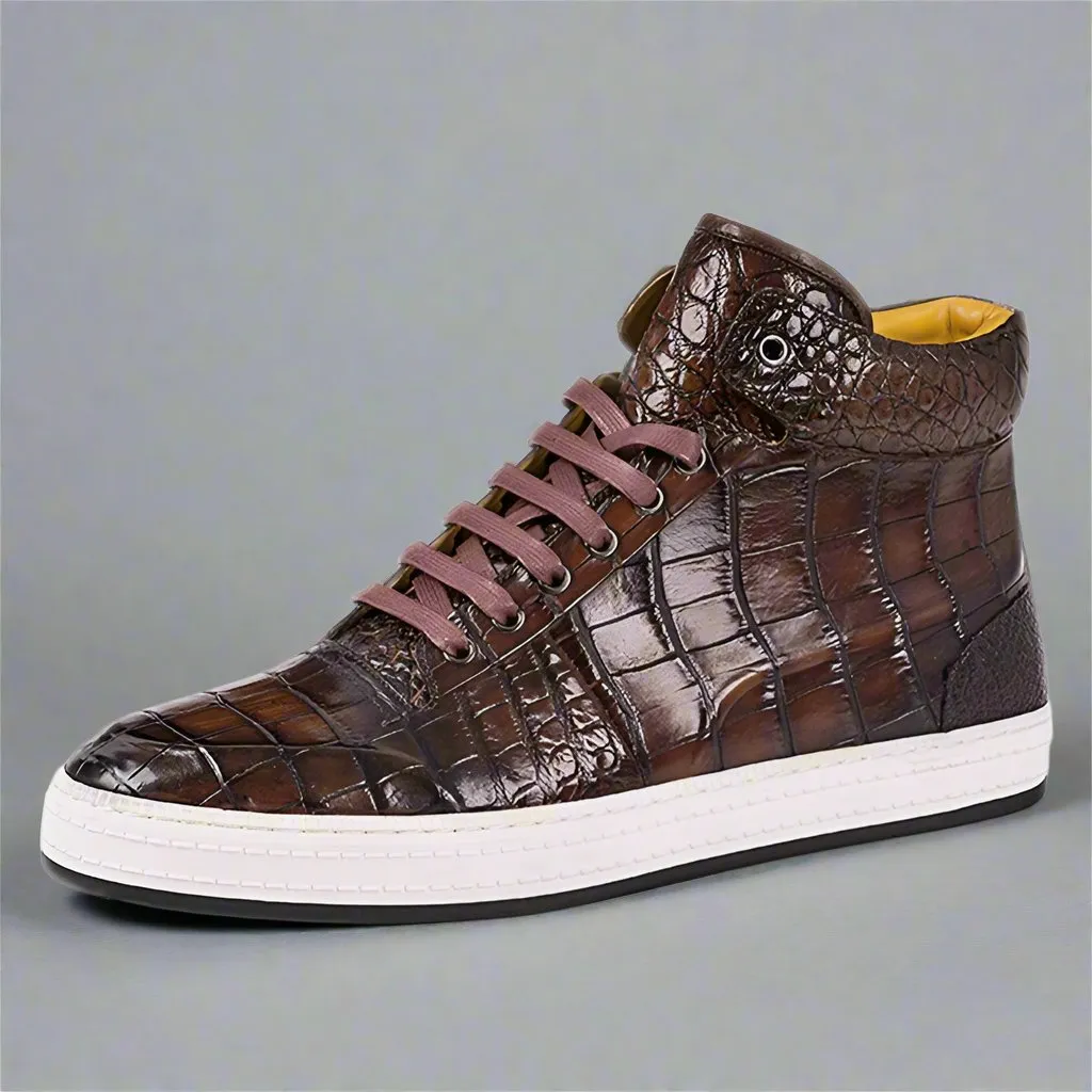 Brown Alligator Leather High Top Lace Up Sneakers With White Sole - Sneaker Shoes