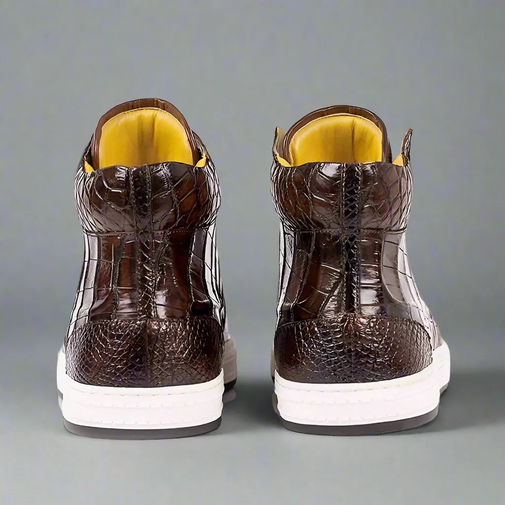 Brown Alligator Leather High Top Lace Up Sneakers With White Sole - Sneaker Shoes