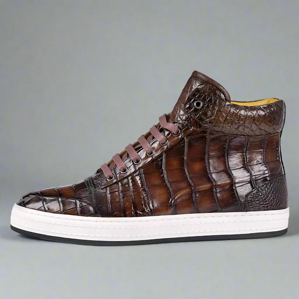 Brown Alligator Leather High Top Lace Up Sneakers With White Sole - Sneaker Shoes