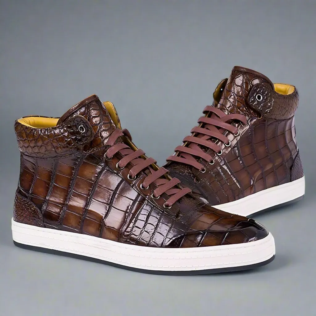 Brown Alligator Leather High Top Lace Up Sneakers With White Sole - Sneaker Shoes