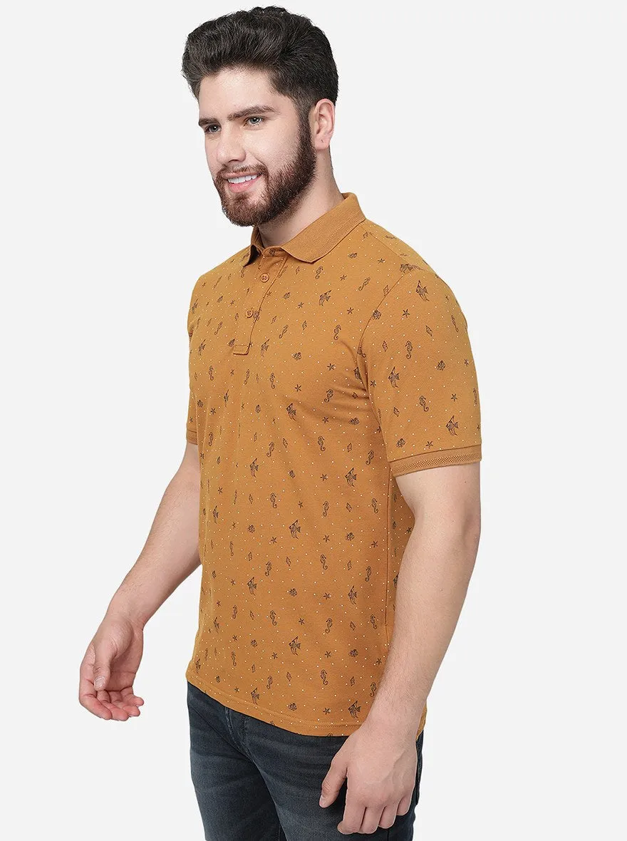 Brown Printed Slim Fit Polo T-Shirt | JadeBlue