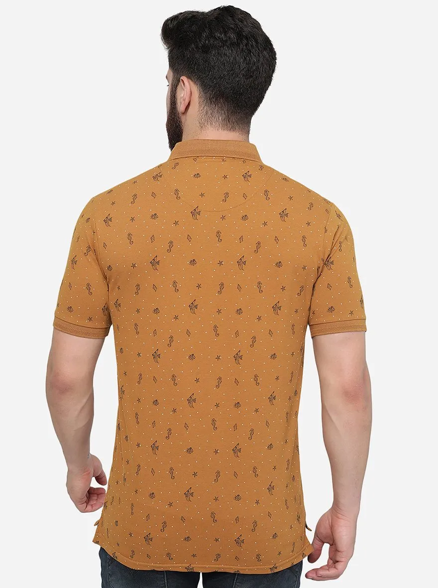 Brown Printed Slim Fit Polo T-Shirt | JadeBlue