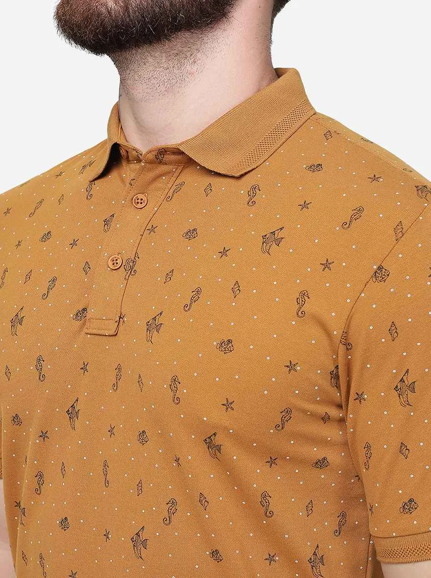 Brown Printed Slim Fit Polo T-Shirt | JadeBlue