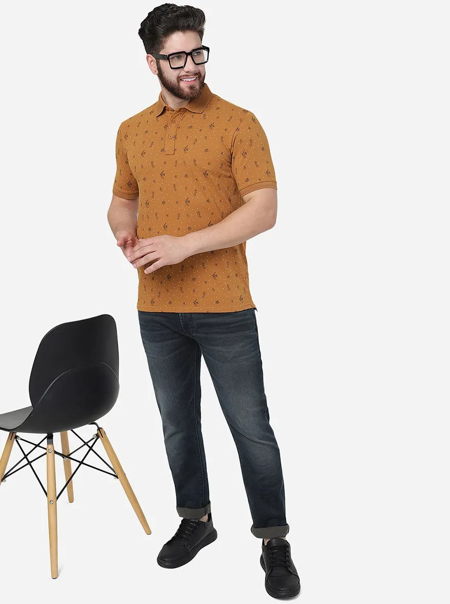 Brown Printed Slim Fit Polo T-Shirt | JadeBlue