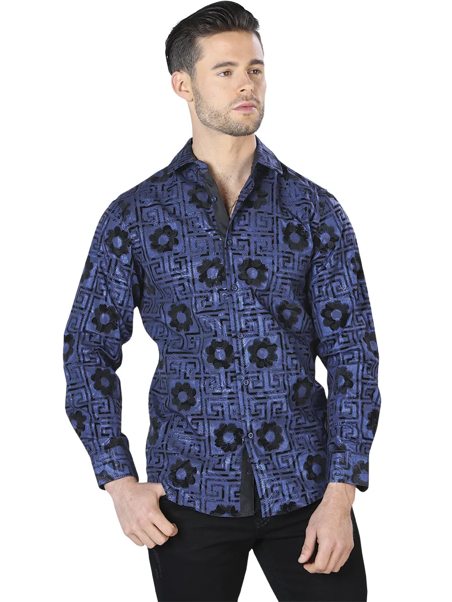 Camisa Casual Manga Larga Estampada Azul/Negro para Hombre 'El Señor de los Cielos' - ID: 44057