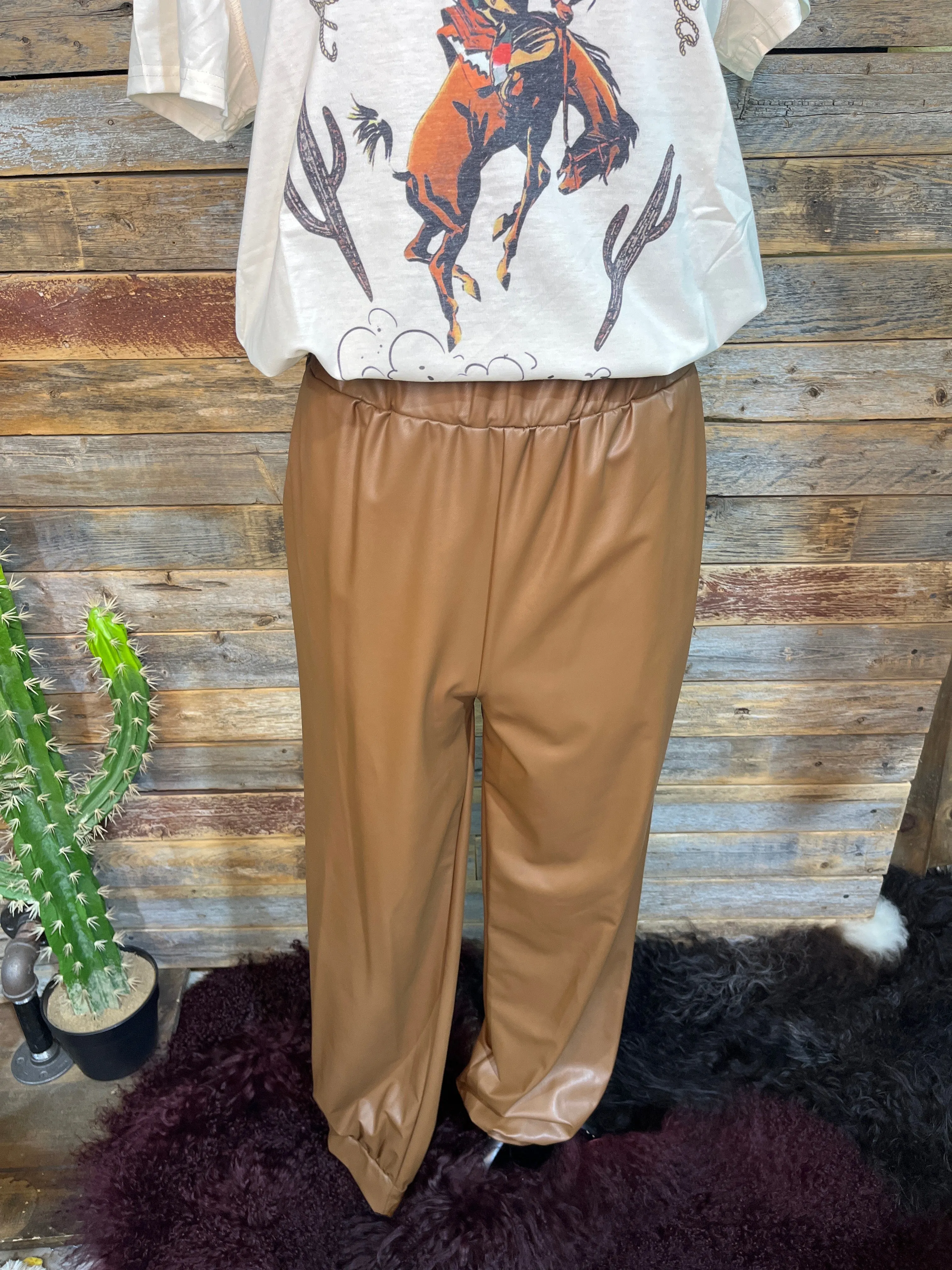 Casey Faux Leather Elastic Waist Drawsting Jogger Pants