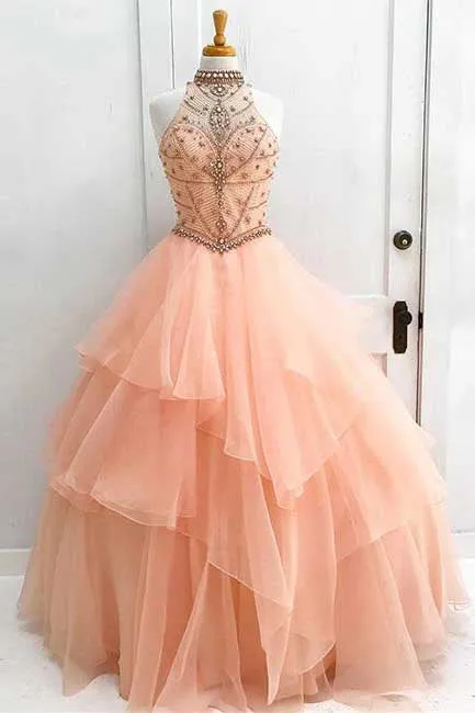 Charming High Neck Ruffle Beading Ball Gowns Long Formal Prom Dress OK629