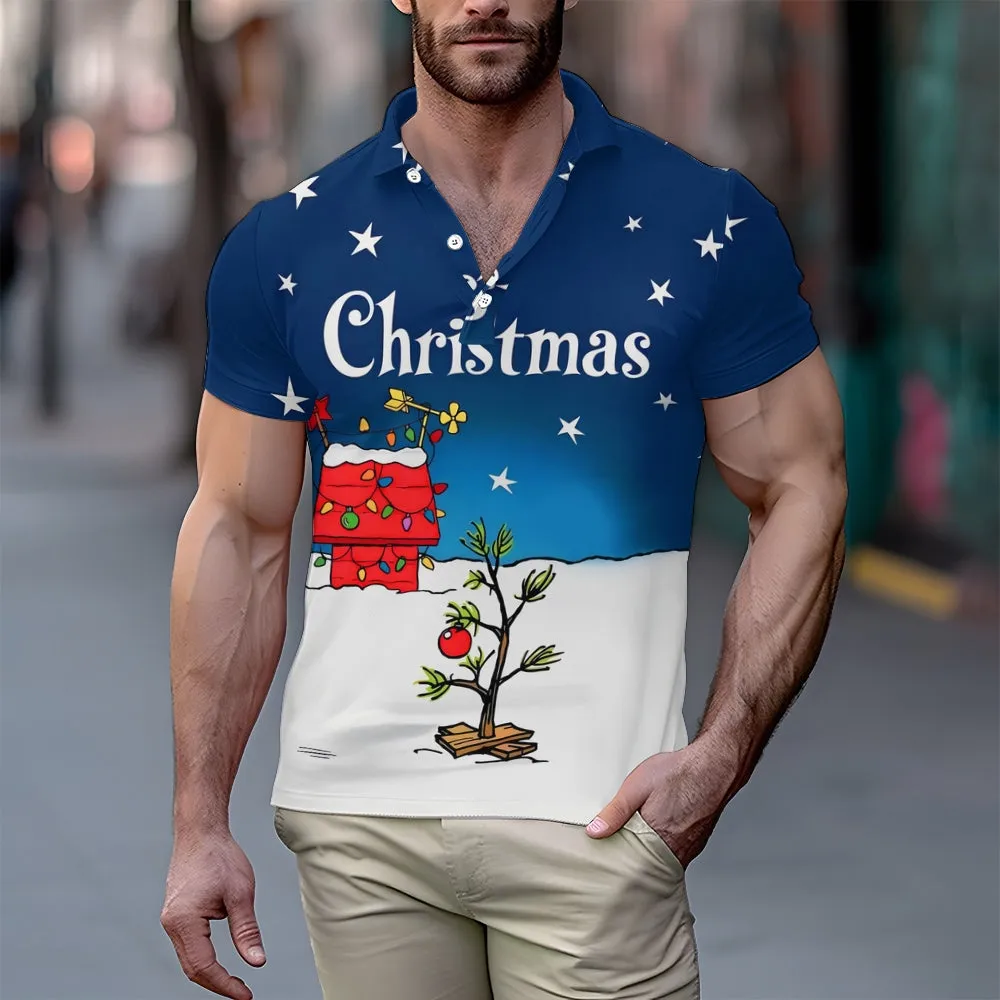 Christmas Tree Holiday Blue Cartoon Men's Button Down Short Sleeve Polo