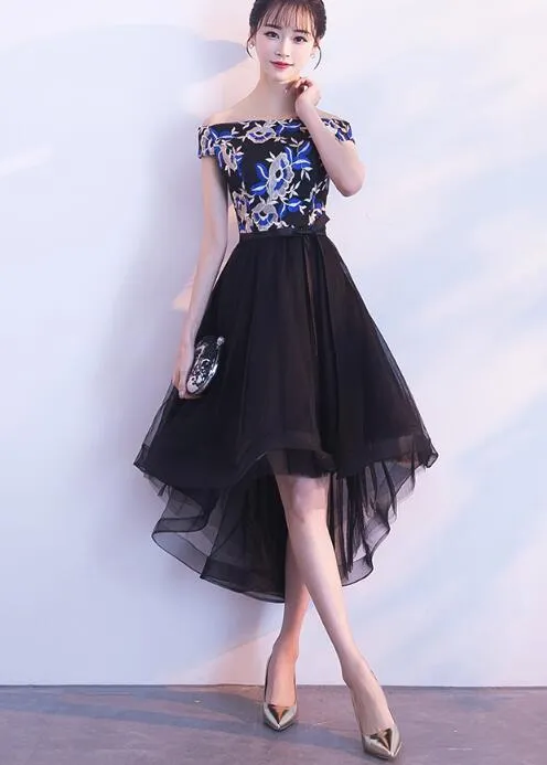 Elegant High Low Embroidery Off Shoulder Party Dresses, Black Homecoming Dresses, Cute Party Dresses
