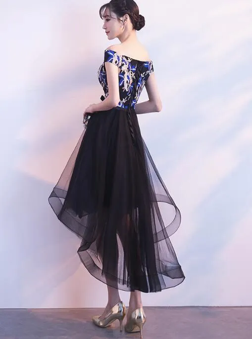 Elegant High Low Embroidery Off Shoulder Party Dresses, Black Homecoming Dresses, Cute Party Dresses