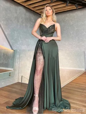 Emerald Green A-line Sweetheart High Slit Cheap Long Prom Dresses,12944