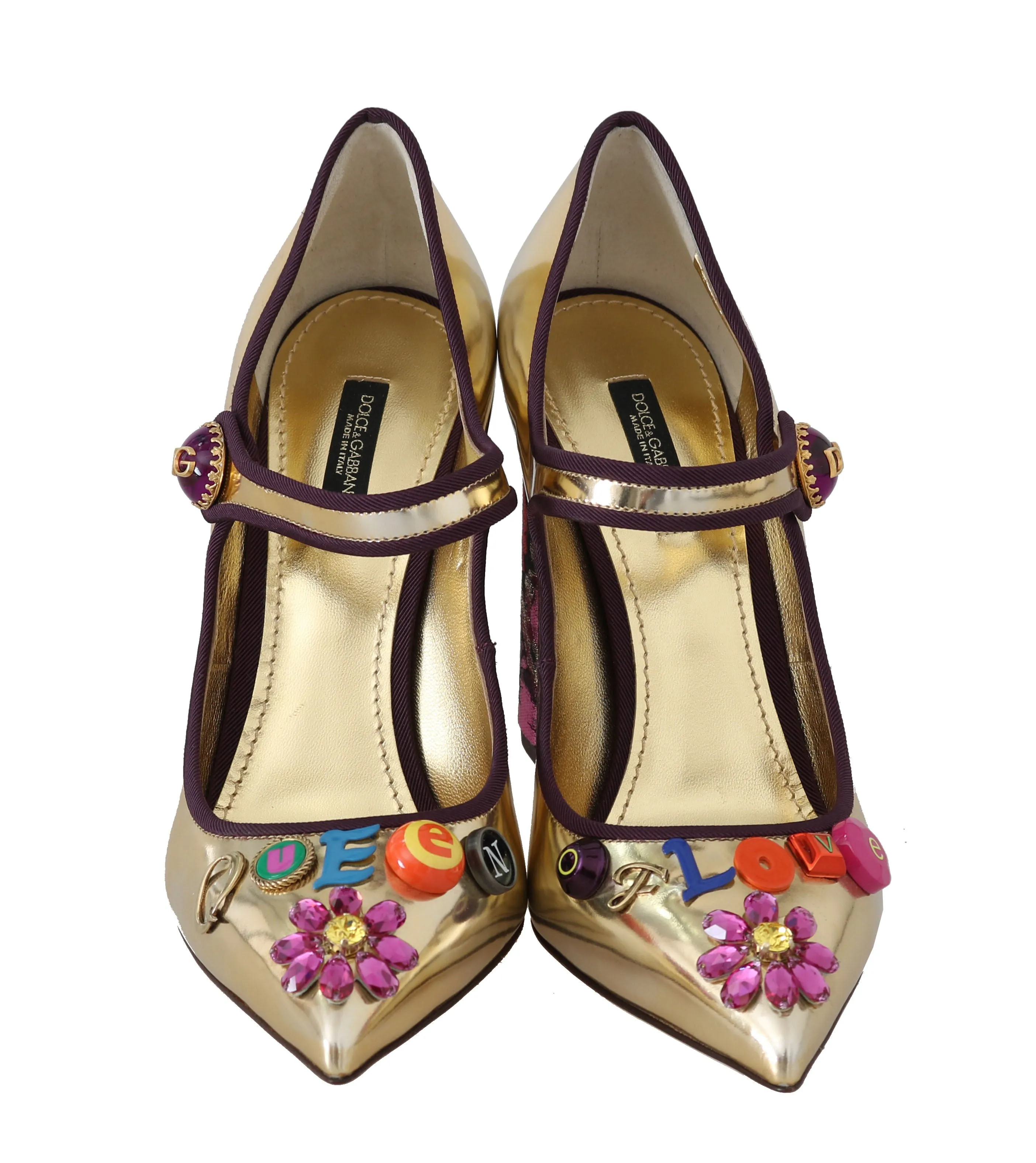 Gold Leather Floral Queen Mary Jane Pumps