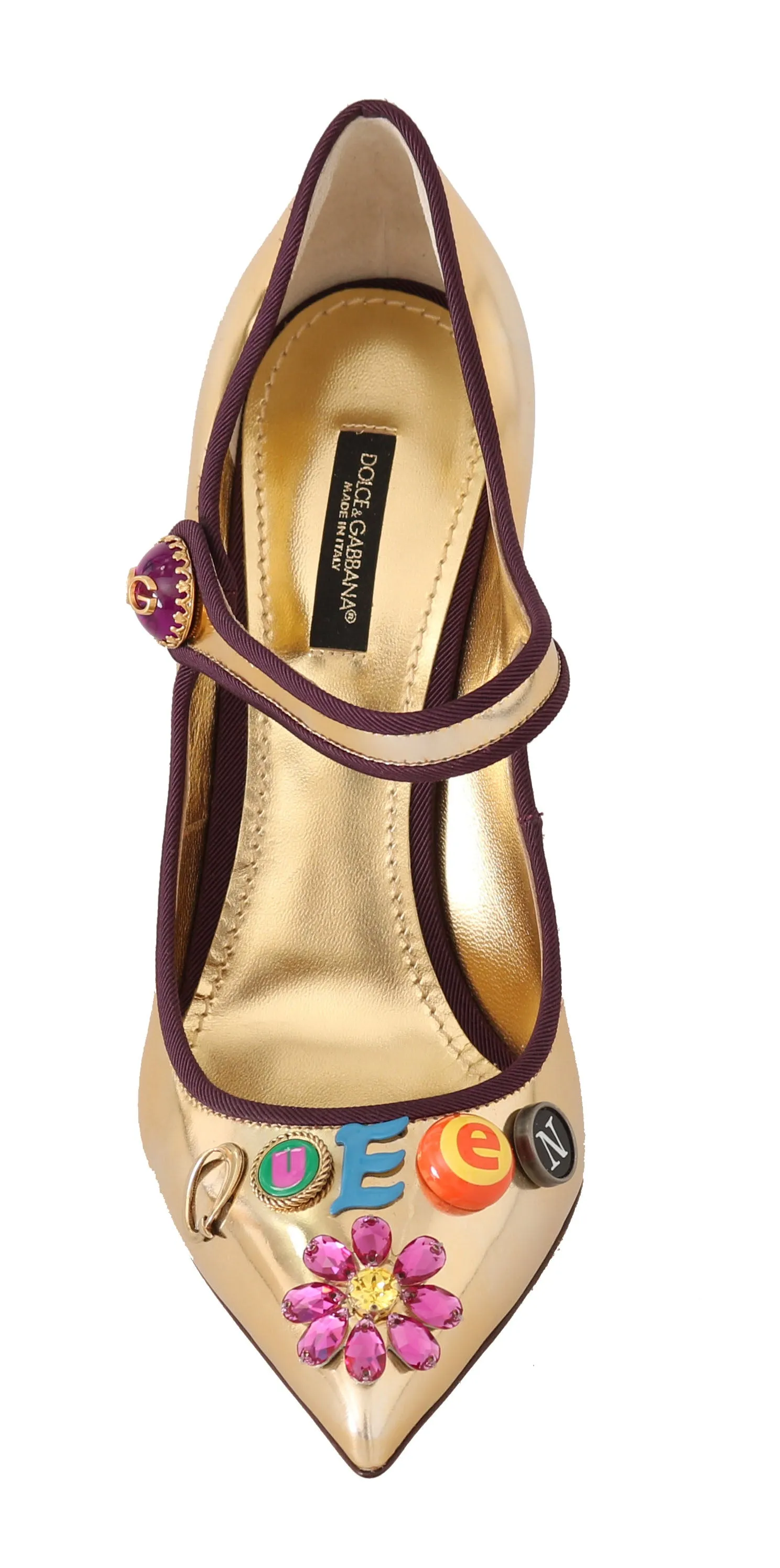 Gold Leather Floral Queen Mary Jane Pumps