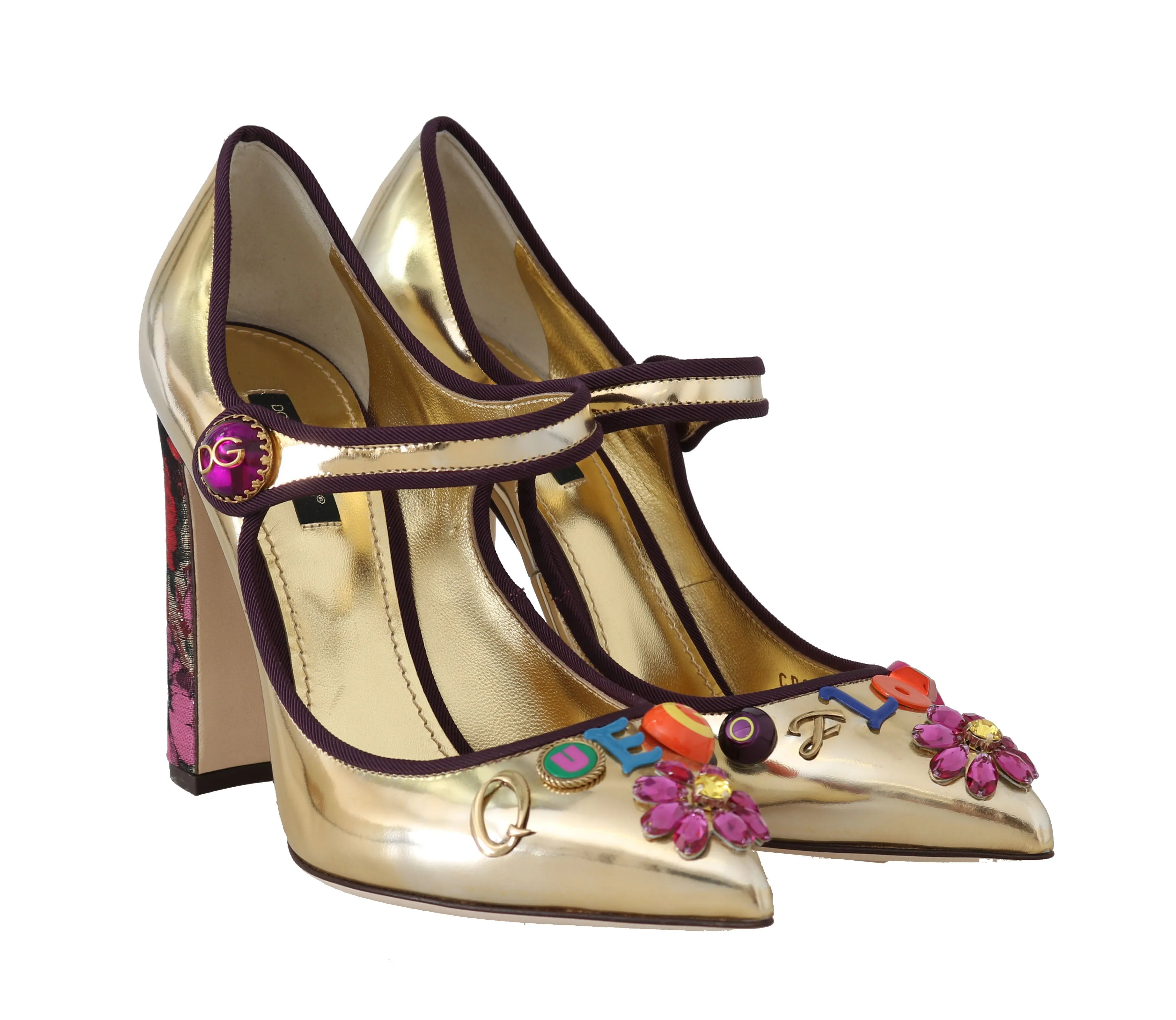 Gold Leather Floral Queen Mary Jane Pumps