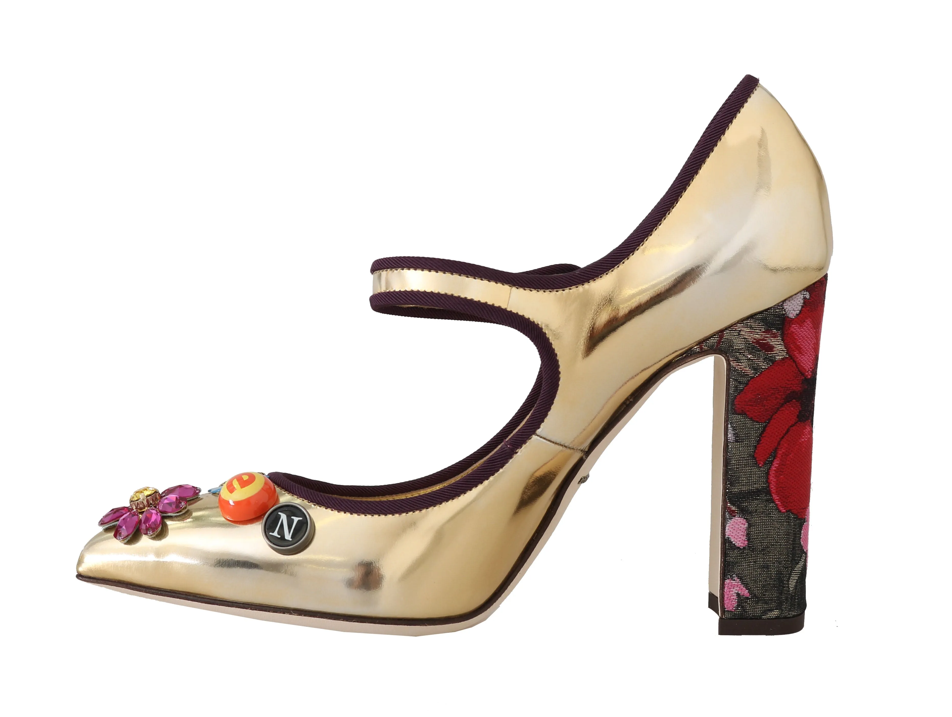 Gold Leather Floral Queen Mary Jane Pumps