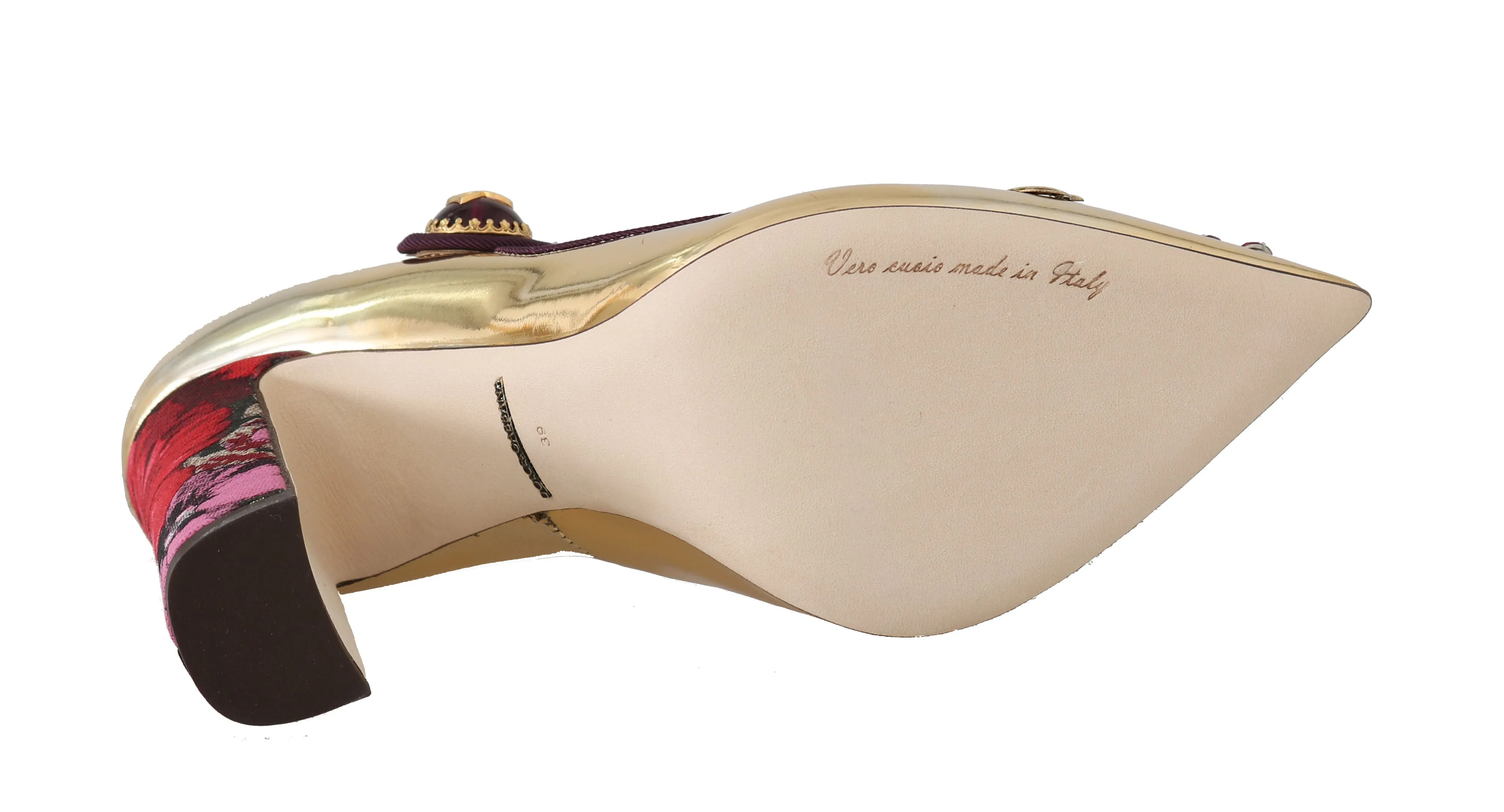Gold Leather Floral Queen Mary Jane Pumps