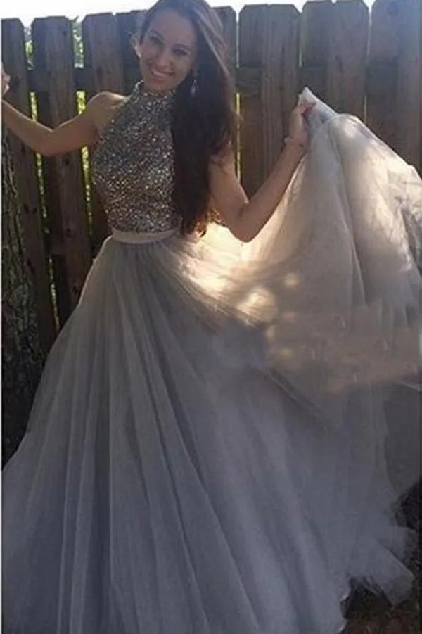 Grey Tulle  High Neck A-line Halter Long Prom Dress with Beading, Evening Dress, MP252