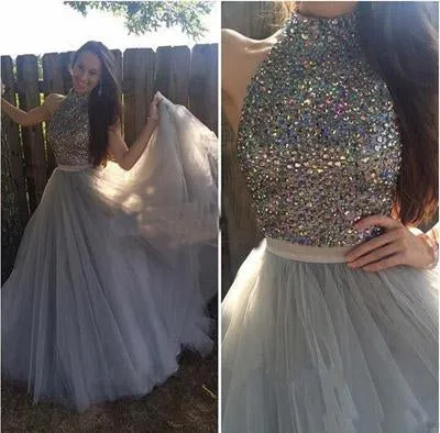 Grey Tulle  High Neck A-line Halter Long Prom Dress with Beading, Evening Dress, MP252