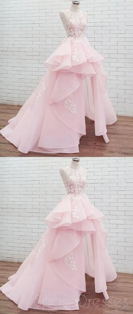 Halter Lace High Low Pink Organza Long Evening Prom Dresses, Cheap Custom Sweet 16 Dresses, 18461