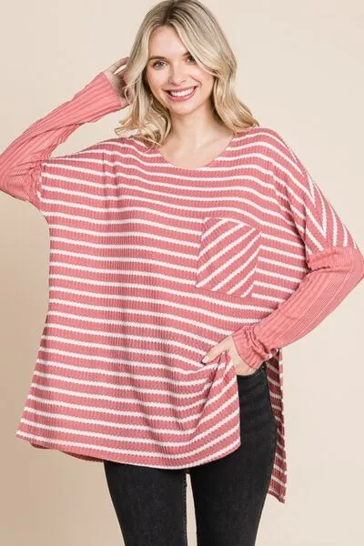 Hazel Blues® |  Culture Code Oversize Striped Round Neck Long Sleeve Slit T-Shirt